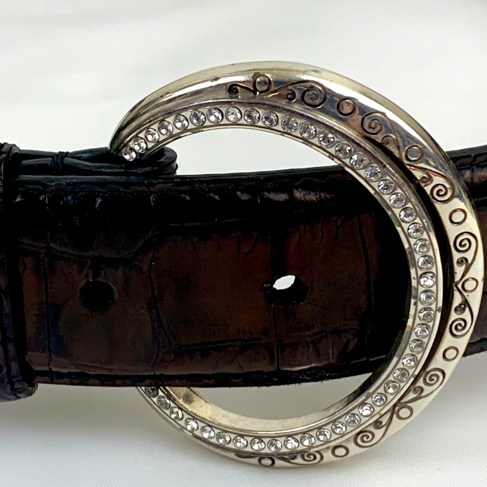 Brighton Brown leather belt, silver pin buckle with rhinestones size 34